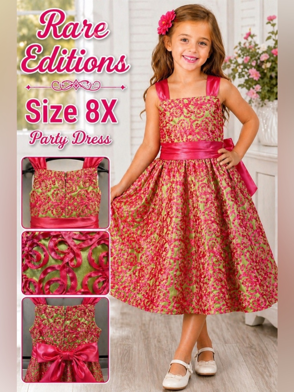 Rare Editions Girls 8X Pink Green Ribbon Party Dress Lined